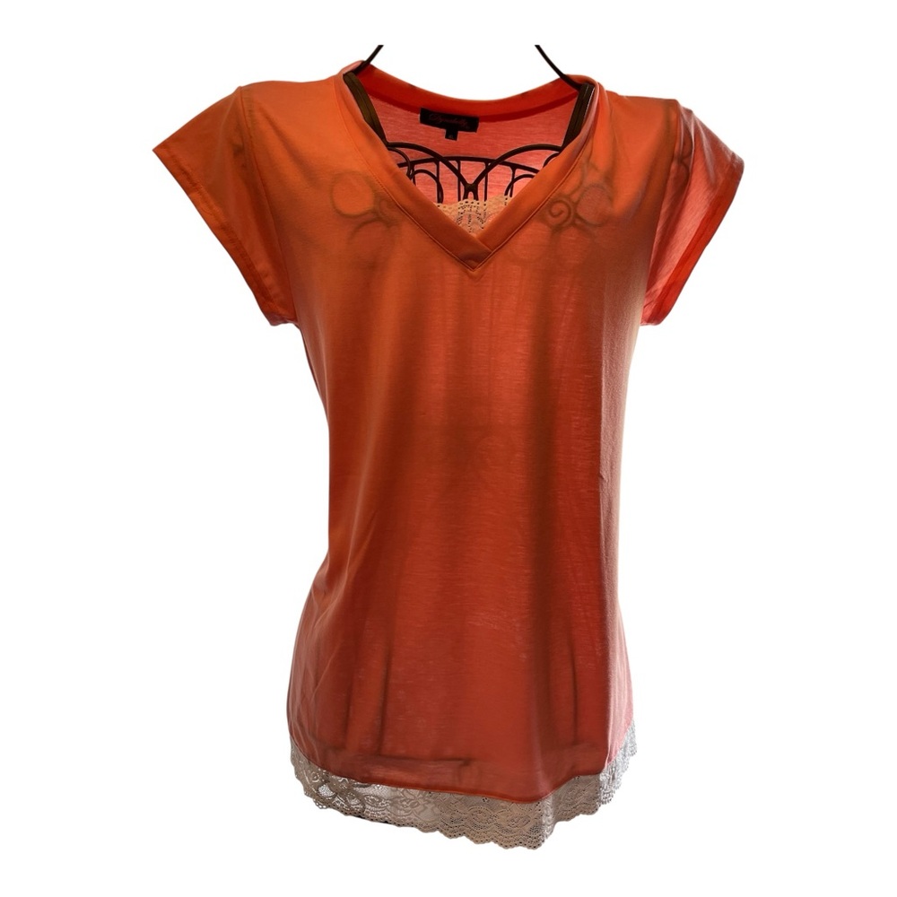 Peach V-Neck Lace Trim Women's Top, size XL,  NWOT